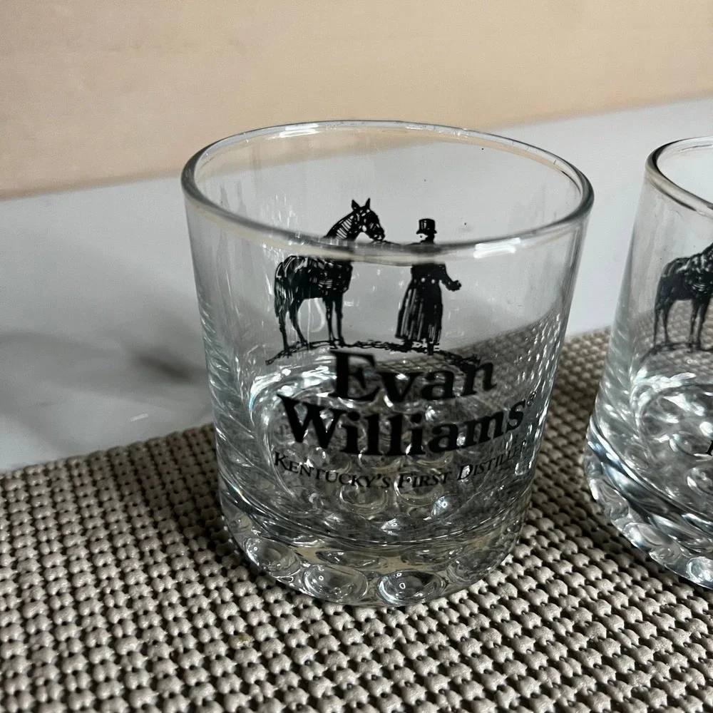 Evan Williams Bourbon Whiskey Glasses Set of 2 Bubble Base Rocks Lowball Barware
